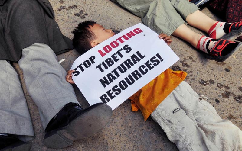 Young Tibetan boy protesting against China's looting of Tibet's natural resources