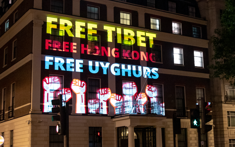 In July 2020 we organised a daring projection onto the Chinese Embassy in London - Free Tibet - Free Hong Kong - Free Uyghurs